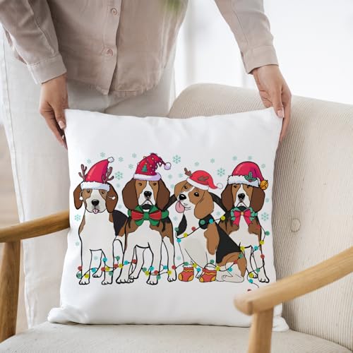 Image of Winter Christmas Beagle Dog Pillow Covers 18x18, Beagle Christmas Decorations, Holiday Xmas Hat Dog Decorative Throw Pillow Covers for Couch Sofa Bedroom Living Room Home