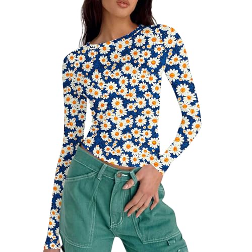 Long Sleeve Shirts for Women Fall Fashion 2025 Basic Crop Tops Cute Printed Going Out Slim Fit Y2K Clothes Teen Girls