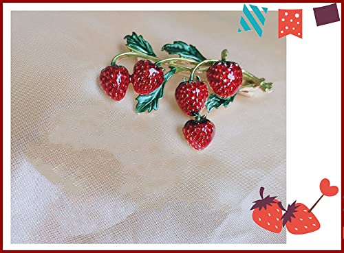 Image of Fashion Fruit Brooch Pin for Women Girls Gold Tone Cute Enamel Red Strawberry Green Leaf Branch Brooches Lapel Creative Dress Accessories Jewelry Dainty Retro Gift
