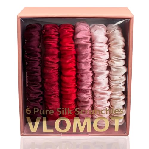Image of VLOMOT 6 Pcs Set 100% Pure Mulberry Silk Scrunchies Hair Ties with 6 Chic Colors Everyday Skinny Scrunchies Silk Ponytail Holders Hair Care No Damage (Red)