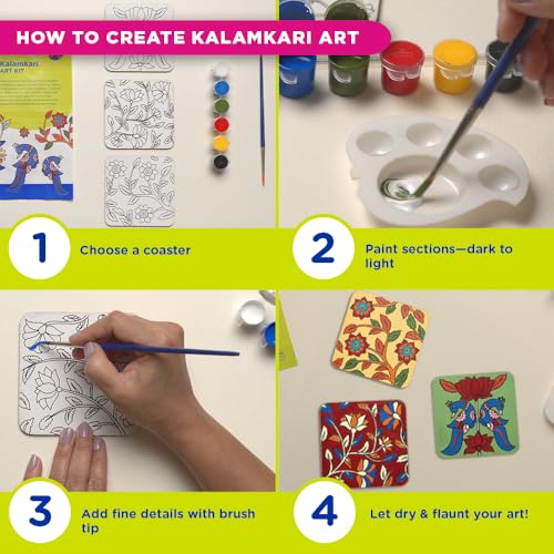 Image of Fevicryl Kalamkari Mini Art Kit | All-Inclusive DIY Kit with Wooden Coasters, Acrylic Colours, Brush l Paint Your Own Coasters | for Artists, Students, Hobbyists & Gifting | Ideal for Age 14 +