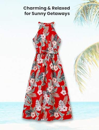 Image of PATPAT Matching Family Hawaiian Outfits - Mommy and Me Floral Dress Couple Matching Set His and Hers Tropical Palm Leaf Print Halter Neck Boho Sundress Summer Beach Dress Red Flower Women XL