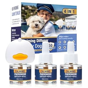 Difusor calmante de feromonas para perros 4 en 1, kit de difusor de feromonas para mascotas (enchufe + paquete de 3 repuestos de 1.6 fl oz) para aliviar la ansiedad, reducir los ladridos, la agresión