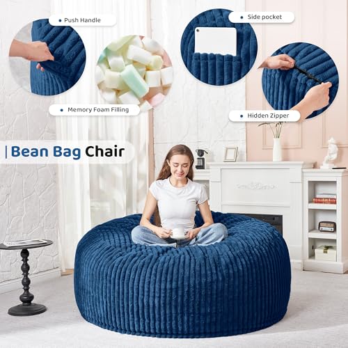 Image of HABUTWAY 4FT Bean Bag Chair, 4' Large Bean Bag Chairs for Adults with Removable Stripe Plush Cover, Memory Foam Beanbag Chair for Living Room Bedroom Dorm (Blue)