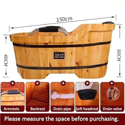 ZCBYBT Mobile Spa Tiefe Einweichung Wanne Japanische Art Massivholz Einweichung Badewanne Freistehende Holzbadewanne mit Armlehne,150cm – Bild 3