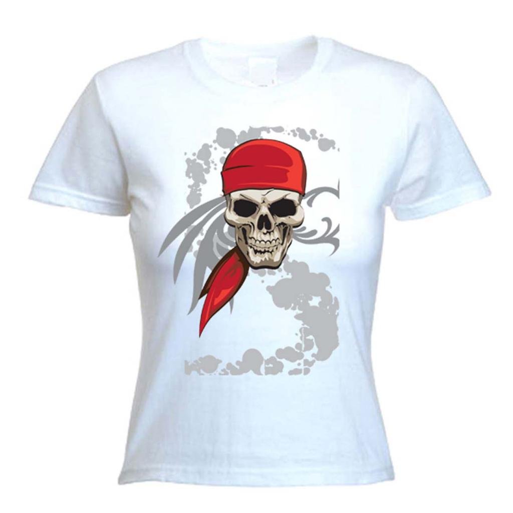 Tribal T-Shirts Women's White Pirate Skull Pirate T Shirt (Medium, )