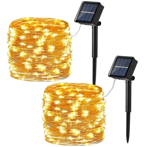 PhilzOps [2 Pezzi] Luci Solari Esterno, 12M 120 LED Catena Luminosa Solare 8 Modalità Impermeabile Decorative Stringa Luci Led Per Interni Giardino Natale Patio Matrimonio Festa, Bianco Caldo