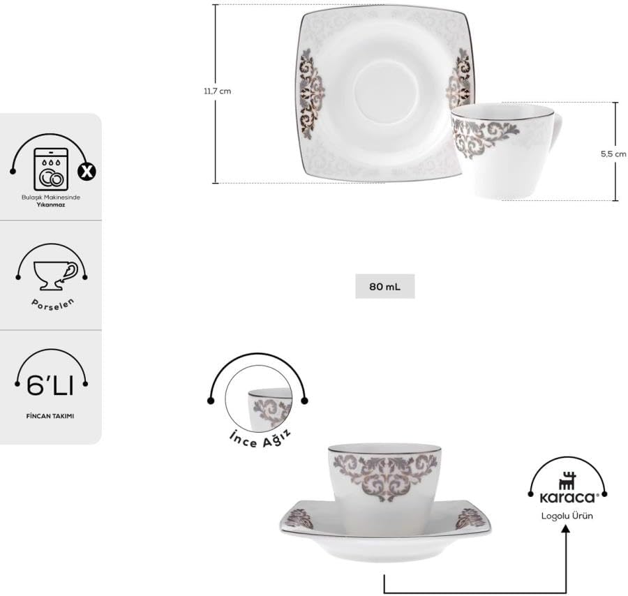 KARACA​ Porcelain Espresso Turkish Coffee Cup Set of 6, 12 Piece, 80ml, White Platinum