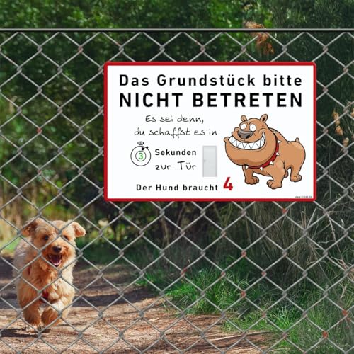 TRIOSK Hunde Schild Warnung Verbotsschild lustig mit Spruch Grundstück Nicht Betreten Verbot Warnschild Hinweis Hundeschild Sprüche Geschenk für Hundefreunde Blechschild 30x20 cm groß