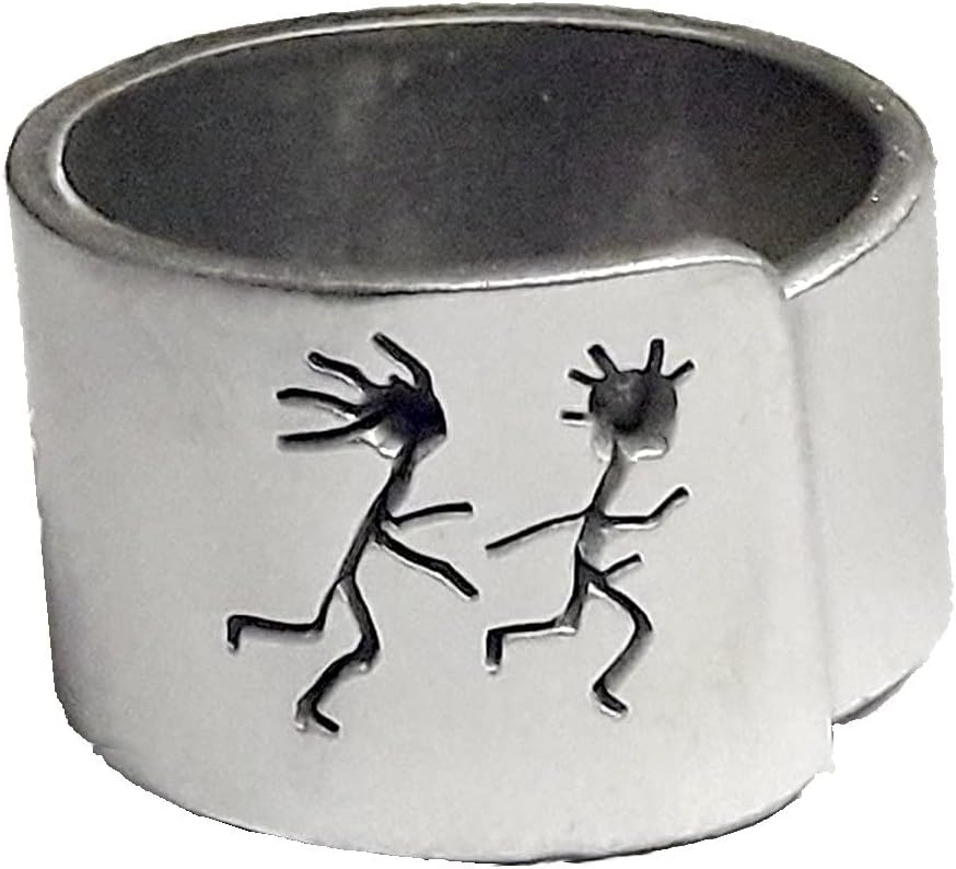 Open aluminum band ring with: She follows him, and custom text.