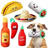 Syhood 6 Pcs Fiesta Dog Chew Toys Dog Sombrero Set, Include 1 Mexican Sombrero Hat for Small Dog, 5 Squeak Plush Toys, Dog Chew Supplies for Halloween Christmas Pet Gift