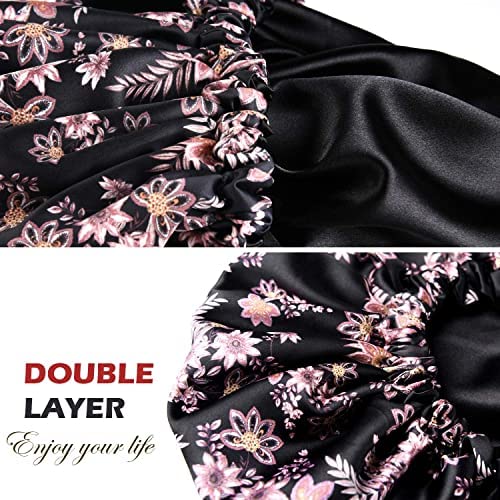 Image of GO WELL Satin Silk Bonnet With 3 Scrunchies, Reversible Cap for Curly Hair, Sleeping, Adjustable Hair Wrap (Black Flower)