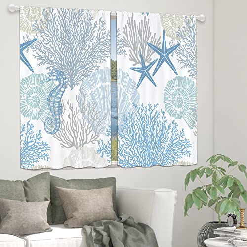 Coastal Starfish Kitchen Curtains Ocean Cafe Curtains Beach Nautical Blue Kitchen Window Curtains Small Short Coral Summer Underwater Seashell Bathroom Tier Window Treatment Drapes 27.5X39 Inch #TOP3
