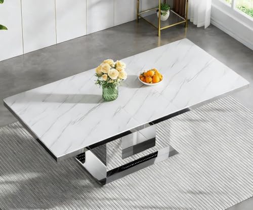 Image of 94.5 inch Rectangular Dining Table for 6 8 10, Modern White Extendable Kitchen Table, Large Long Dining Room Table with Mirrored Pedestal for Dining Kitchen Living Room
