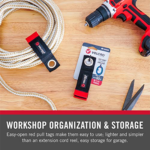 Image of VELCRO Brand Extension Cord Organizer Holder. Heavy Duty Straps for Garage Organization and Storage. Rust Resistant Grommet Hangs Easily on Wall 2pk,Small 10-inch,60bs Weight Rating,Black