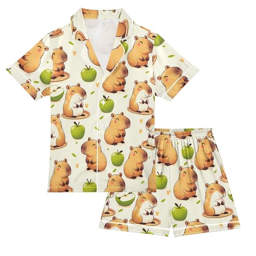 ALAZA Capybara Heart Green Satin Pajamas Set Short Sleeve Button Down Sleepwear Summer Pjs 2 Piece