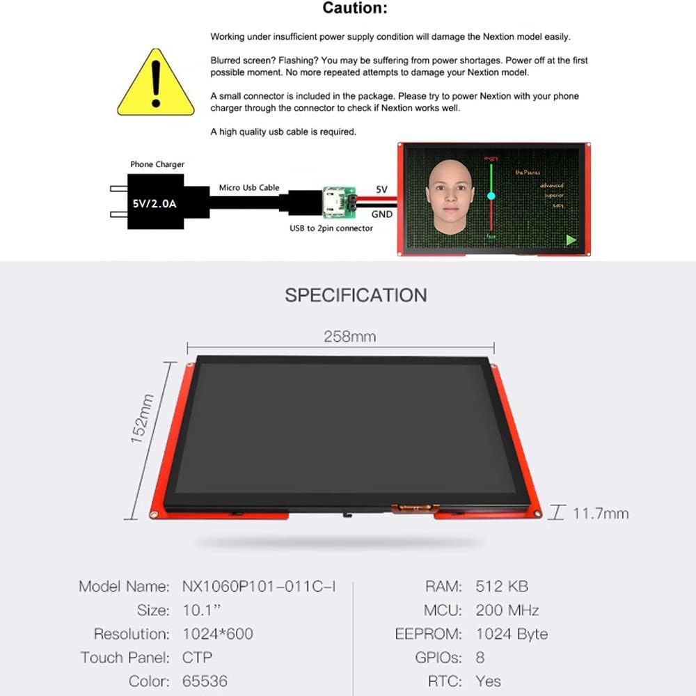 Digitalkey Pantalla HMI Nextion de 10,1", NX1060P101-011C-I, táctil LCD-TFT capacitiva de 1024 x 600, ampliamente utilizada en vehículos e impresoras 3D.