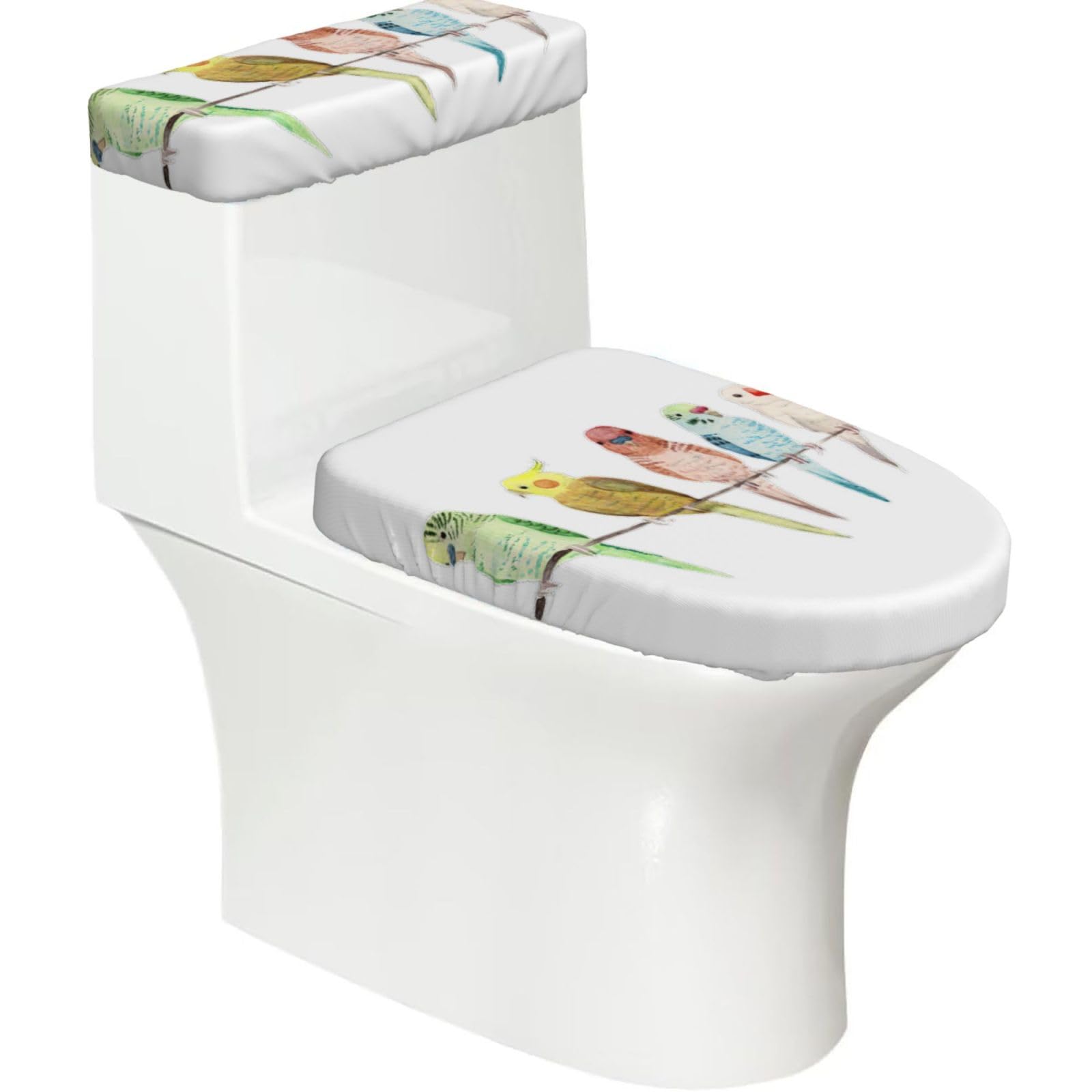 Colorful Parrots On Tree Print Bathroom Decor Toilet Lid Cover And Tank Covers, Restroom Accessories Fits Most Round