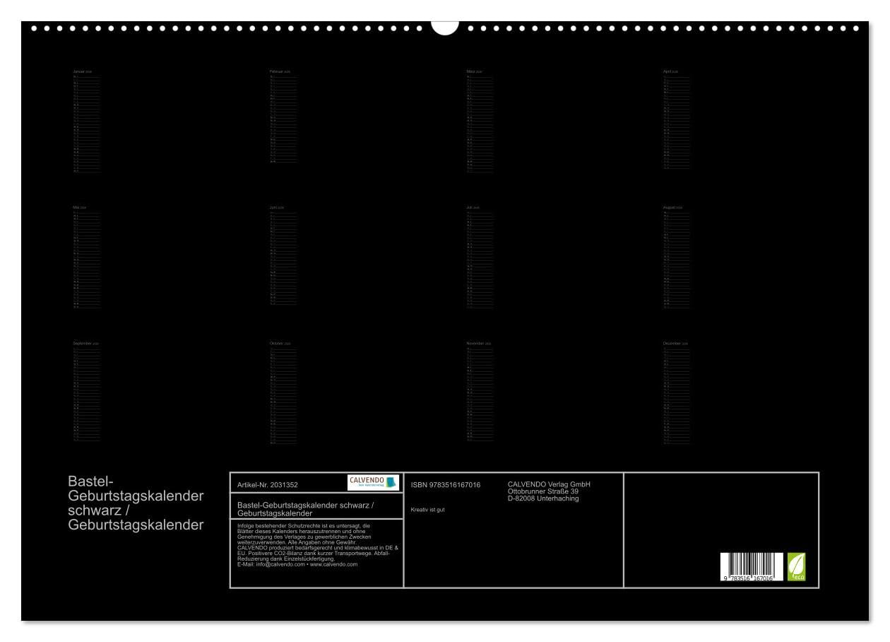 Bastel-Geburtstagskalender schwarz/Geburtstagskalender (Wandkalender 2026 DIN A2 quer), CALVENDO Monatskalender: Der elegante Geburtstagskalender zum Selbst-Gestalten (CALVENDO Hobbys)