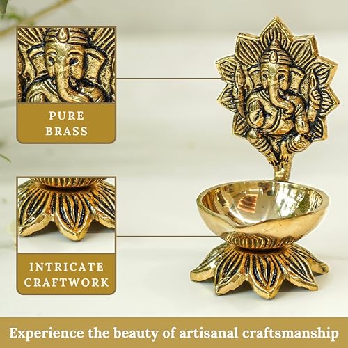 Image of Behoma 100% Pure Brass Ganesh Diya for Pooja Room | Ganesha Idol for mandir | Ganpati Decoration Item | House Warming Gift Items for Home Decor | 4 inch Height