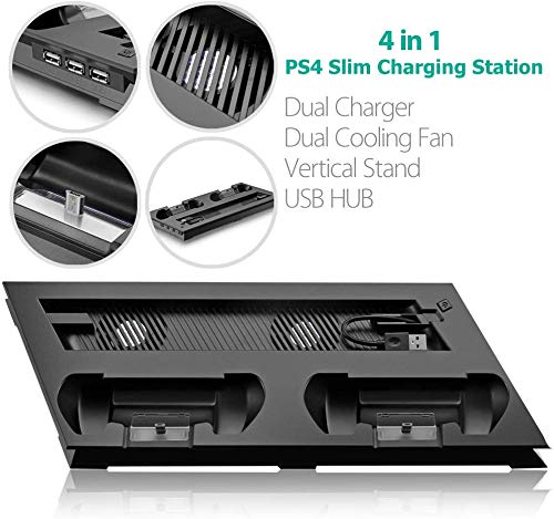 PS 4 Slim Vertical Stand Cooling Fan Cooler & Dual USB Charger Charging Dock and 3 Extra HUB for Playstation 4 PS4 Slim + 4 Caps