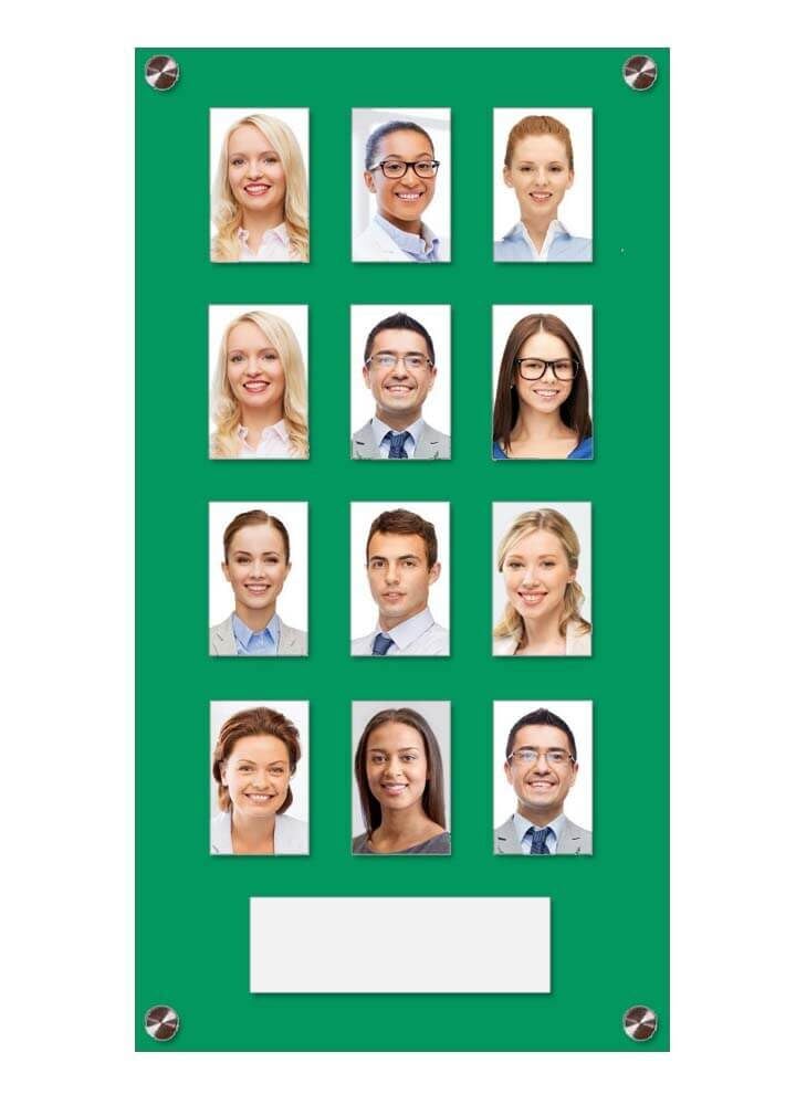 Get Acrylic Photo Frames - Green 12 Pocket Image Staff, Student, Employee Display Board With Pocket Header. 506mm Height x 256mm Width (50.6cm x 25.6cm)