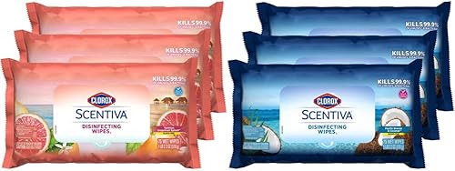 Clorox Scentiva - Paquete económico de toallitas desinfectantes aromas mixtos 3 x 75 quilates aroma a brisa pacífica y coco y 3 x 75 quilates aroma