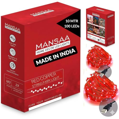 Image of MANSAA 100 LED Fairy String Lights 10 Meter Copper Wire, USB Powered Warm Red Lights for Bedroom, Diwali, Wedding, Party, Curtain, Balcony & Home Decoration Lighting (Pack of 2, 18 Months Warranty)