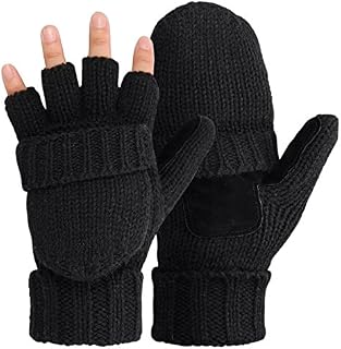 OMECHY Winter Knitted Fingerless Gloves Thermal Insulation Warm Convertible Mittens Flap Cover