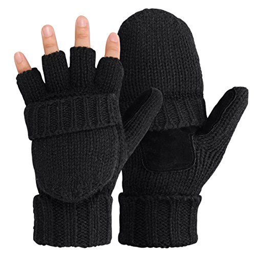 OMECHY Winter Knitted Fingerless Gloves Thermal Insulation Warm Convertible Mittens Flap Cover