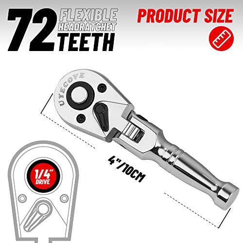Uyecove 1/4 Inch Drive Stubby Ratchet, Flex Head Ratchet 1/2 Ratchet Mini Ratchet Wrench, Socket Wrench, 72 Tooth Quick Release Cr-Mo Head -4"/100Mm #TOP4