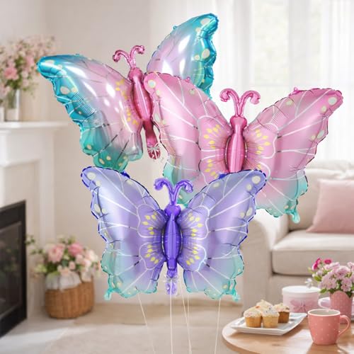 Image of Rozi Decoration Butterfly Foil Balloons for Birthday Decoration, Pastel Butterfly Theme Helium Balloons for Kids Party, Baby Shower, Garden Party & Home Decor (Pack of 3)