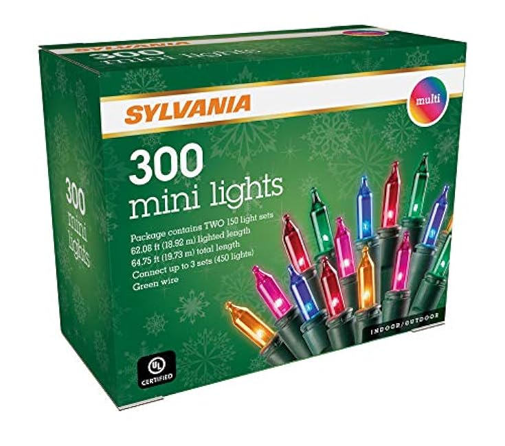 SYLVANIA Christmas Lights, Multi 300 (2x150) Light Set, Green Wire. 64.75' Total Length. For Indoor and Outdoor use.