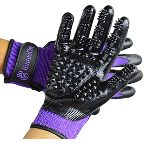 Handson Pet Grooming Gloves - Daily Pet Hair Remover - Mitts for Gentle Deshedding, Bathing, and Massaging Cats, Dogs, Horses & Other Animals (Purple, Small) Cover
