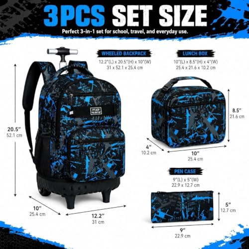 Image of 3Pcs Rolling Backpack for Boys, Men Roller Bag with Wheels for Adults, 19 Inche Graffiti Wheeled Bookbag with Lunch Box(Blue)