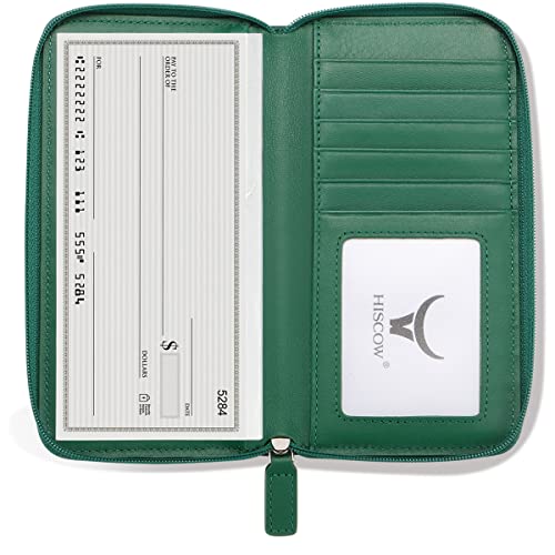 Image of HISCOW Leather Checkbook Cover, Zippered Wallet with Card Slots, Green | Full grain cowhide, 5cc & ID window, personal check book & register pockets, removable duplicate divider, women secure zipper