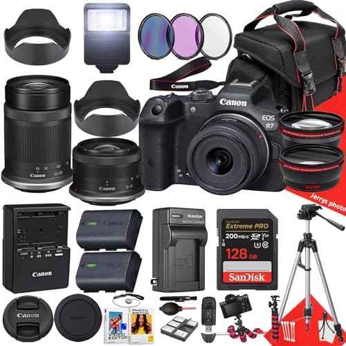 Canon EOS R7 Mirrorless Camera with 18-45mm and 55-210mm Lens + 128 GB Memory + Hood + Extra Battery + Filters + Tripod + More (32pc Bundle), Black (Renewed)