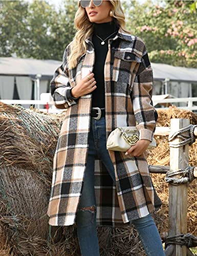 Happlan Women's Plaid Shacket Casual Flannel Shirt Jacket Loose Lapel Wool Blend Coat Oversized(0001-Khaki-M) #TOP1