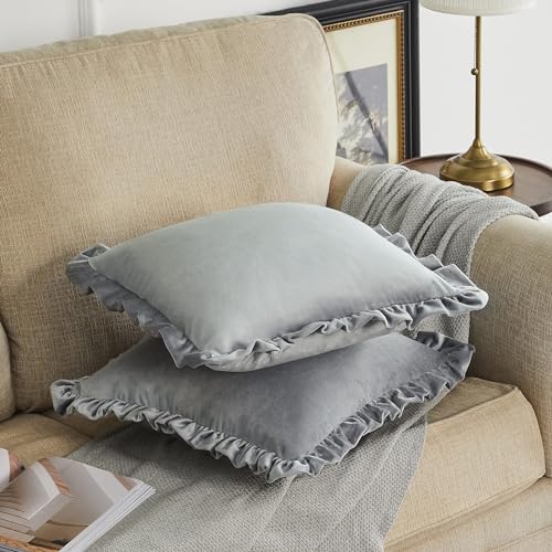Image of Velvet Silver 16x16 Pillow Covers, Set of 2 Decorative Ruffle Cushoin Pillow Covers for Sofa Couch