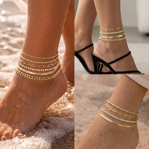 Image of DEARMAY 14K Gold Plated Ankle Bracelets for Women Waterproof - Dainty 6Pcs Anklets Layered Cuban Link Chain Herringbone Cute Anklets Set Pack Summer Beach Jewelry Gift for Women Teen