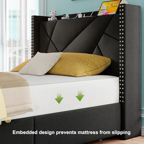 Feonase Upholstered Storage Bed Frame Twin Size with 4 Drawers, Platform Bed with Charging Station & Wingback Headboard, Solid Wood Slats Support, Black