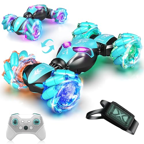 AEROQUEST Gesture Sensing RC Stunt Car, 4WD Hand-Controlled 2.4GHz Remote Control Drift Cars for Boys Girls Age 6-8-12, All-Terrain Off-Road Twist Toy Cars with Lights Music for Birthday Gifts (Blue)