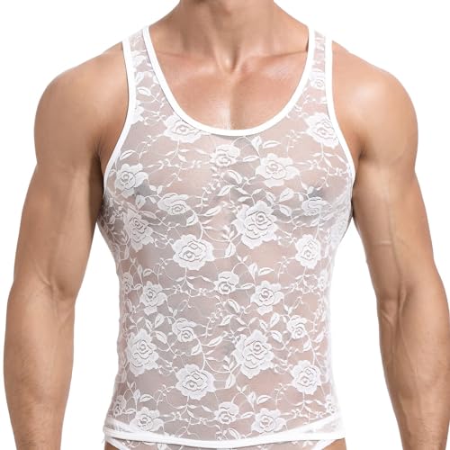 Men Lace Shirt See Through Tank Top Sleeveless Fishnet Sheer Underwear Sissy Lingerie for Crossdressers