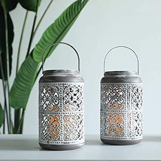 JHY DESIGN Set of 2 Metal Candle Holder 20cm Tall with Flameless LED Candles Decorative Candle Lantern Vintage Hanging Candle Stick Holders for Home Balcony Weddings Parties Indoor Outdoor(Grey)
