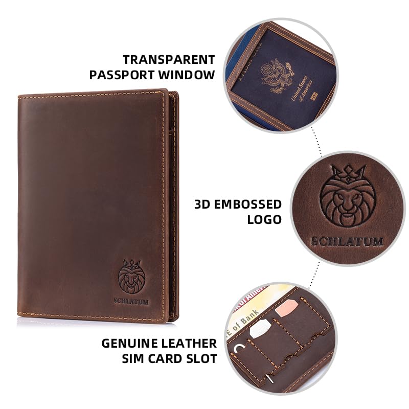 Image of Leather Passport Holder for Travel Men Bifold Slim RFID Blocking with 2 Passport Slots, 1 Cash Pocket, 5 Card Slots