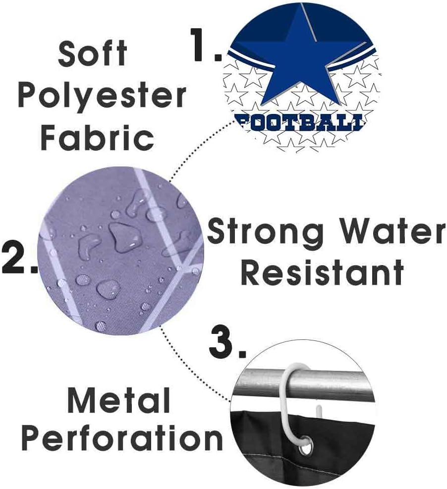Namdeva 4PCS/Set American Football Shower Curtain, White Navy Blue Texas Star Player Athlete Championship Modern Cool Sports Bathroom Decor for Men, Non-Slip Bath Rugs Toilet Mats, White & Blue Stars