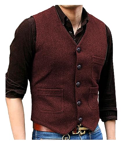 Image of SOLOVEDRESS Mens Vintage Tweed Suit Vest V Neck Casual Wool Waistcoat for Wedding Groomsmen