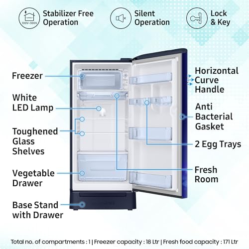 Image of Samsung 189 L, 4 Star, Digital Inverter, Direct-Cool Single Door Refrigerator (RR21H2H24HS /HL, Hydrangea Blue, Base Stand Drawer, Single Touch Defrost, 2026 Model)