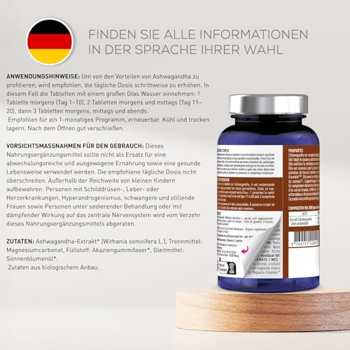 Ashwagandha Kapseln KSM-66 hochdosiert 1200 mg – 60 Tabletten – Natürlicher Stressabbau & cortisol senken – Unterstützt Schlaf, Energie & Nerven – Anti-Stress Nahrungsergänzung - GRANIONS