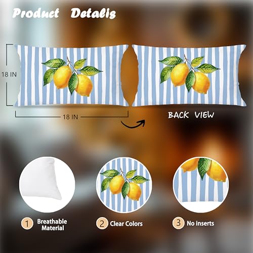 Image of Summer Blue and Yellow Italian Mediterranean Amalfi Coast Lemon Pillow Cover Decor 12x20,Italian Striped Decorative Throw Pillow Cover Decor for Couch Double-Sided Set of 2